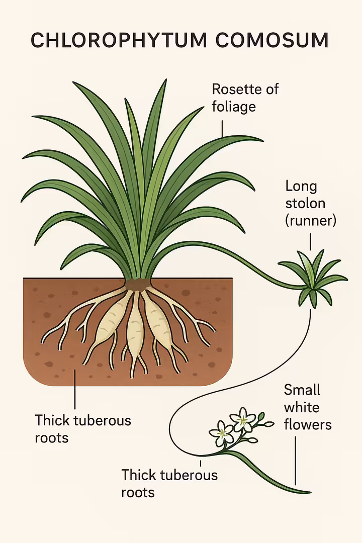 A diagram of a spider plant labeled with foliage, tuberous roots, stolon, flowers, and plantlet.
