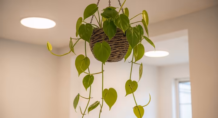 A lush Heart-Leaf Philodendron with glossy green leaves trailing from a white hanging basket against a brightly lit, soft-focus background.