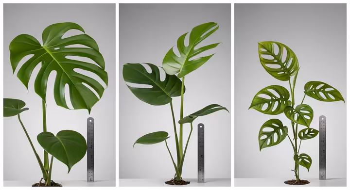 Comparison of three Monstera species: the large M. deliciosa, the smaller vining M. borsigiana, and the M. adansonii with its enclosed leaf holes.